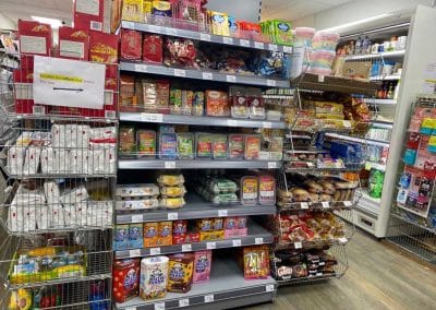 A view of the shelves stocked with snacks